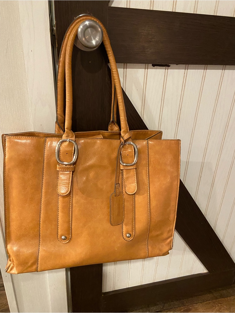 new directions Tan Structured Tote with Buckle Accents